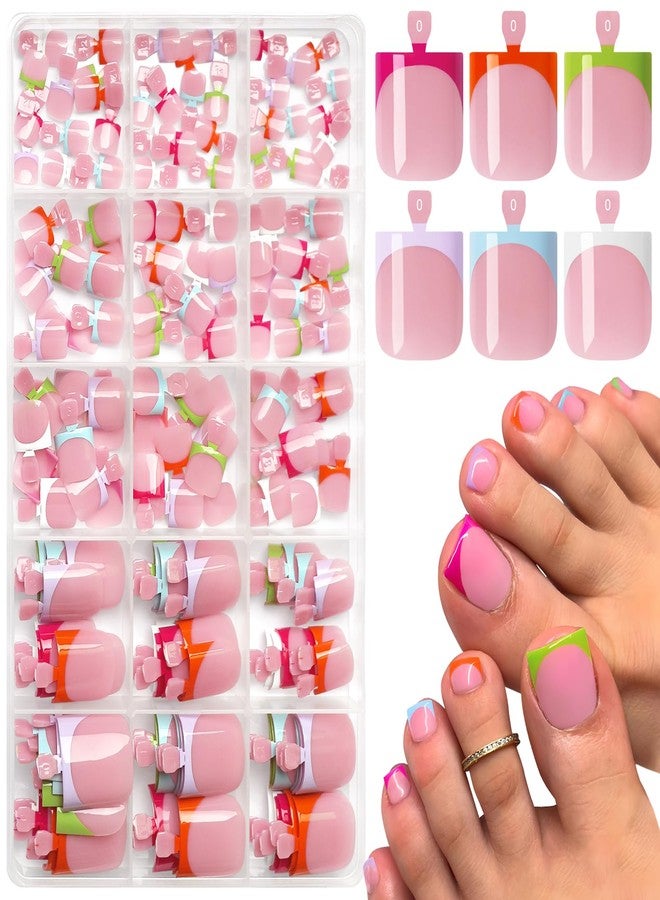LuckForever 180pc French Tips Press on Toenails Women Glue on Toe Nails, Colorful French Fake Toe Nails Press ons Nail Square Acrylic Press on Toes Nail Tips Artificial Stick Toenail Tip 6 Colors - Image 1